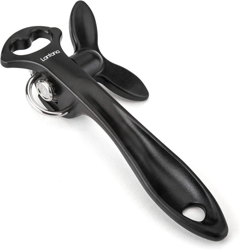 Lantana Smooth Edge Can Opener with Bottle Cap Lifter - Hand Held Manual Safety Tin Opener - Black/Stainless Steel...