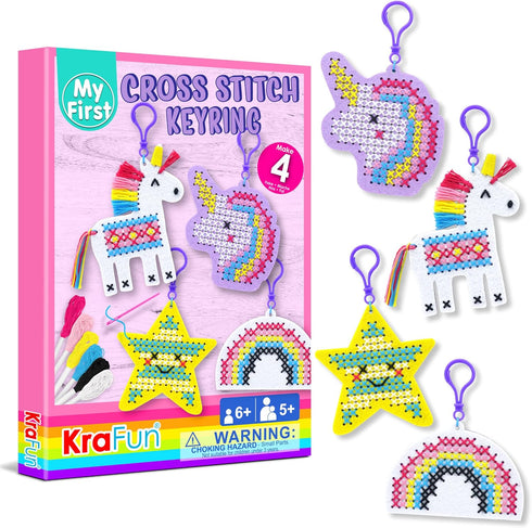 KRAFUN Cross Stitch Kits for kids Beginners, 4 Unicorn Cross Stitching Keyrings Arts & Crafts, Needlepoint Embroidery Kit for Girls 5-13 Craft Kit...