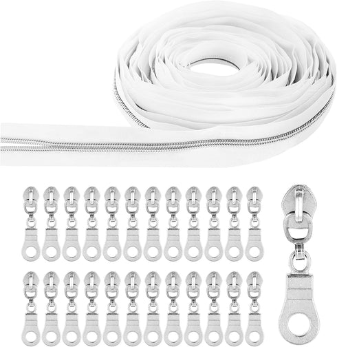 Mandala Crafts Metallic Silver Zipper Tape by The Yard #5 with Pulls - White Continuous Nylon Coil Upholstery Zippers Chain Roll for Sewing 10 Yar...