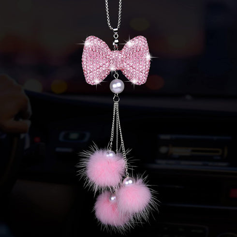 Wisdompro Bling Car Rear View Mirror Hanging Accessories for Women, Rhinestone Diamond Bowknot, Imitation Pearl and Pink Plush Ball Car Rearview M...