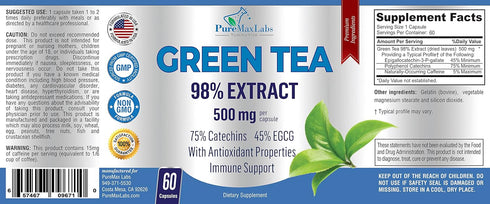 Green Tea Extract 98% - 3X Strength, 75% Polyphenol Catechins, 45% EGCG, Super Antioxidant - 60 Capsules...