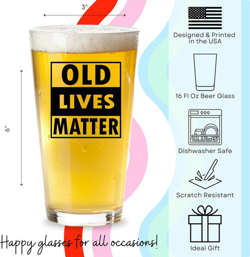 COOL AF Old Lives Matter Beer Glass - 16 Oz, Scratch Resistant Funny Beer Glass - Gag Gifts for Men - Birthday, Father’s Day, or Retirement Gift -...
