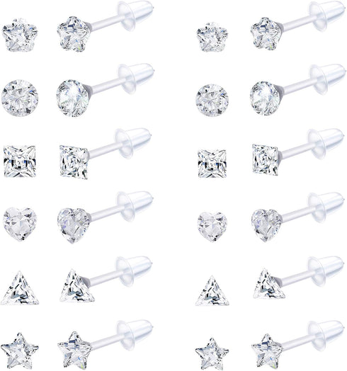 Jstyle 12Pairs Clear Plastic Stud Earrings for Women Acrylic Post Star Heart Rhinestone Ear Studs Piercing Retainers...