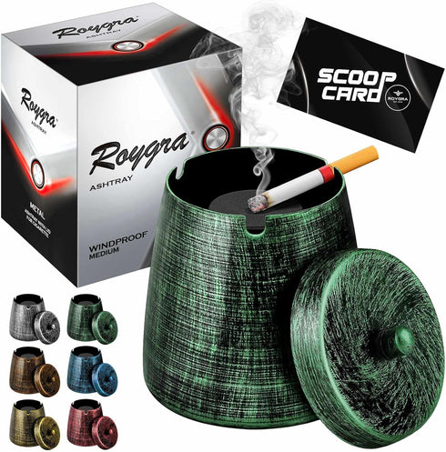 roygra Ashtray with Lid, Windproof Smokeless Metal Ashtray – Green, Medium Size (4.39 x 3.54 x 3.54’’)...