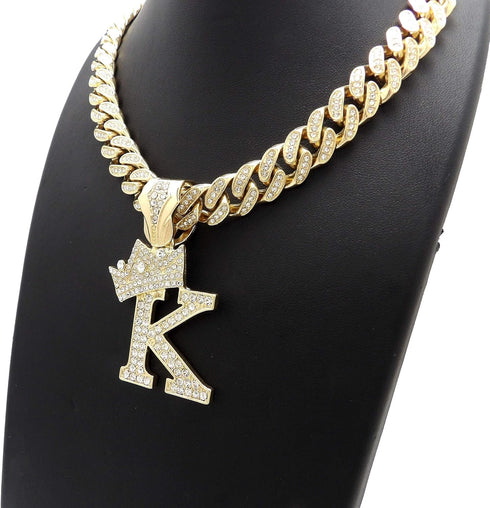 Hip Hop Alphabet Initial K Pendant & 12mm 18" Full Iced Box Lock Cuban Chain Necklace...