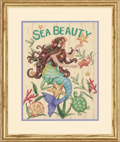 Dimensions Sea Beauty' Mermaid Cross Stitch Kit, 14 Count Natural Aida, 9" x 12"...
