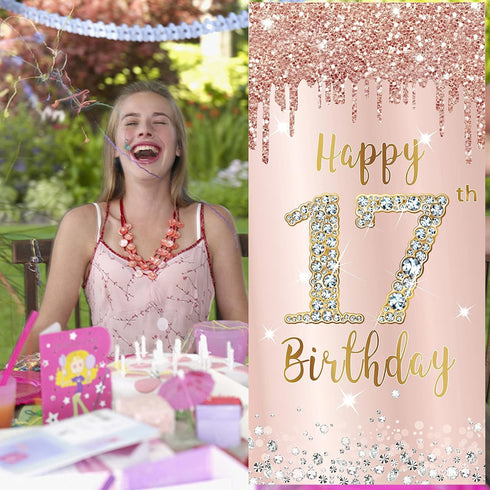 Happy 17th Birthday Door Banner Decorations for Girls, Pink Rose Gold 17 Birthday Door Cover Backdrop Party Supplies, Large Seventeen Year Old Bir...