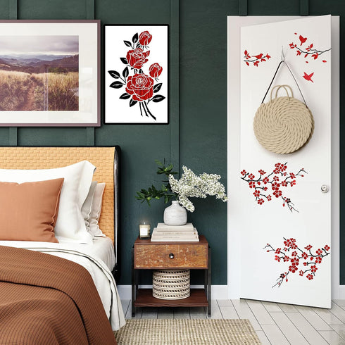 6 PCS Vine Leaf Rose Stencil Cherry Blossom Stencil Bird Tree Branch Stencils Reusable Floral Flower Stencils for Painting on Wood Furniture Canva...