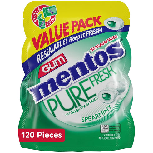 Mentos Pure Fresh Sugar-Free Chewing Gum with Xylitol, Spearmint, 120 Piece Bulk Resealable Bag (Pack of 1)...
