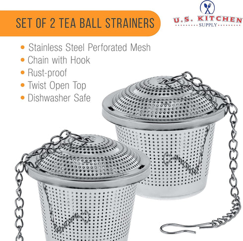 U.S. Kitchen Supply - 2 Premium Stainless Steel Tea Ball Strainer Infusers - 2" Size with Micro Perforated Mesh - Steep Loose Leaf Tea, Herbal, Sp...