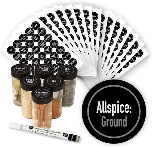 AllSpice Ultimate Spice label Set 525 Preprinted Water Resistant Round Spice Jar Labels Set 1.5" with Extra Fine White Paint Pen(Modern Black)...