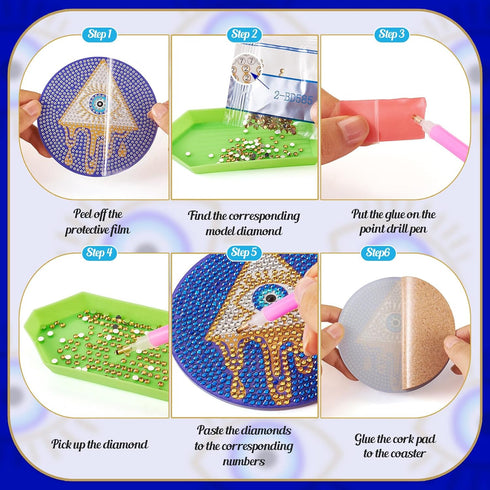 8Pcs Evil Eye Diamond Painting Coaster 5D Diamond Cup Mat with Holder Cork Pad Rhinestone Non Slip Drink Table Coaster for Beginners Adults DIY Pa...