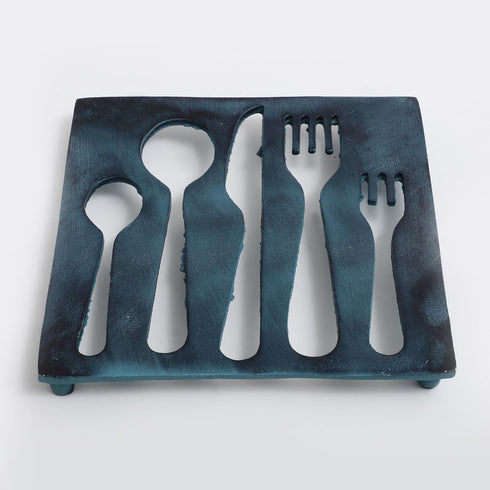 Cutlery Set Shaped Metal Trivet for Serving Hot Dish, Pot, Pans & Teapot on Kitchen Countertop or Dinning, Table-Heat Resistant (Antique Blue)...