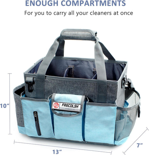 Grey-Blue Cleaning Caddy, Oxford Polyester, Adjustable 5 Compartments, Padded Carry Handle, Waterproof Interior, Ideal for Housekeeping and Cleani...