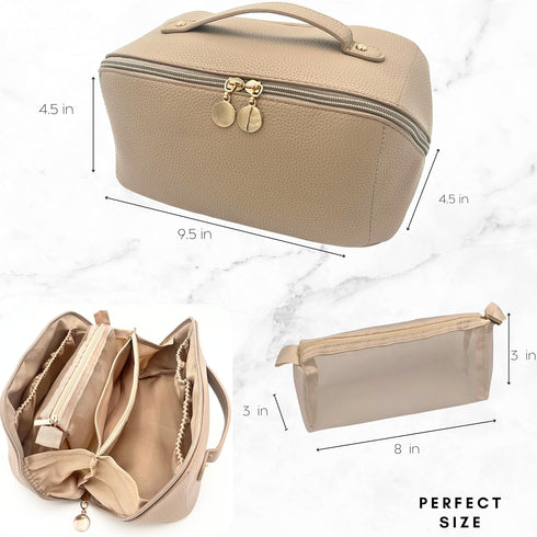 Large Capacity Travel Cosmetic Bag - Makeup Bag Opens Flat for Easy Access - Leather Waterproof Portable Cosmetics Bag with Handle, Divider - Toil...