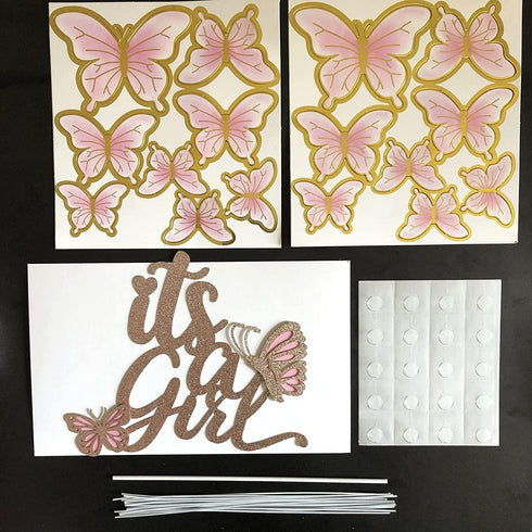 ALISSAR New Double Sided Rose Gold Butterfly Baby Shower Cake Topper Set, It's A Girl Cake Topper and 16 Pieces Pink Butterflies Cupcake Toppers f...