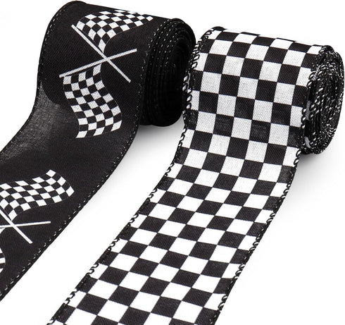 2 Rolls 10 Yard Racing Car Theme Printed Ribbon Black White Checkered Printed Ribbon for Crafts Buffalo Plaid Wrapping Ribbon for Wreath Sport Tea...