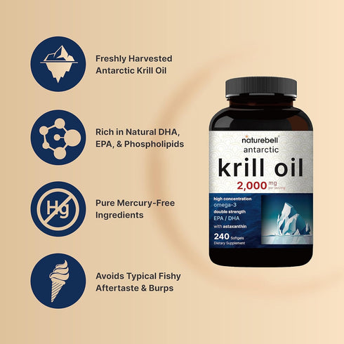 Antarctic Krill Oil 2000mg Supplement, 240 Softgels, 3X Strength Natural Source of Omega-3s, EPA 240mg + DHA 160mg + Astaxanthin 800mcg – No Fishy...