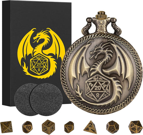 Mini DND Dice Set Steampunk Dragon Pocket Watch Shell Case, 7pcs Polyhedral Metal D&D Dice Set, Dungeons and Dragons Gifts with Gift Box for Men W...