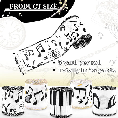 5 Rolls 25 Yards Music Note Wired Ribbon Fabric Ribbons Music Decorative Ribbon for Christmas Tree Decor Winter Holiday Garland Wrapping Bow Wreat...