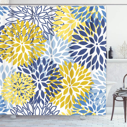 Shower Curtain Green Spring Flower Blue Yellow and Navy Chrysanthemum Brown Waterproof Polyester Fabric Bathroom 72 x 72 Inches Set with Hooks...