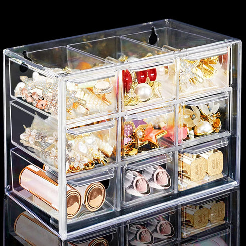 Desk Storage Organizer with 9 Mini Drawers, FODIENS Clear Desktop Craft Drawer Cabinet, Stackable Storage Box Caddy for Makeup Jewelry Office Craf...