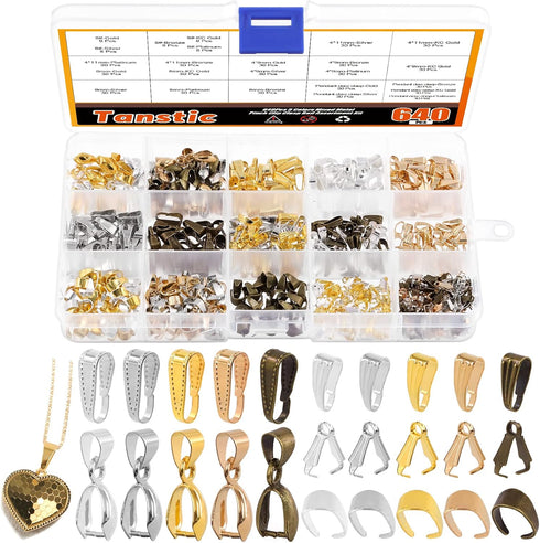 640Pcs 5 Colors Metal Necklace Pinch Clip Kit, Mixed Snap Pinch Clip Bail Clasps Necklace Dangle Charm Pendant Clasps Claw Bail Hook Pendant Conne...