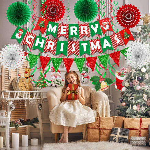 Fecedy Merry Christmas Hanging Paper Banner Triangle Bunting Paper Flower Fan Swirl Streamers&Christmas Tree Santa Claus Banner for Merry Christma...