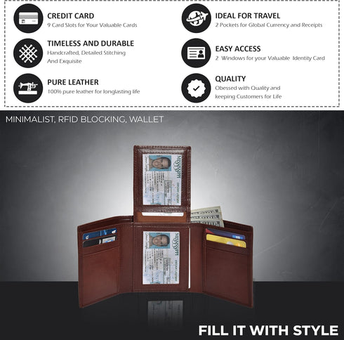 Real Leather Mens Trifold Wallet RFID Blocking Slim Minimalist Front Pocket - Thin & Stylish with ID Window in Gift Box...