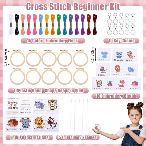Juinte 10 Pack Stamped Cross Stitch Beginners Kits for Kids Embroidery Starter Cross Kit with Woodland Animal Patterns DIY Needlepoint Sewing Set ...