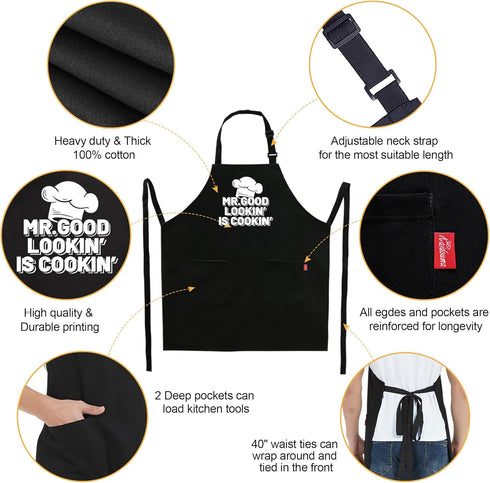 Funny Chef Aprons for Men - Mr.Good Lookin' is Cookin' - Men’s Funny Kitchen Cooking Grilling BBQ Aprons with 2 Pockets - Birthday Father’s Day Ch...