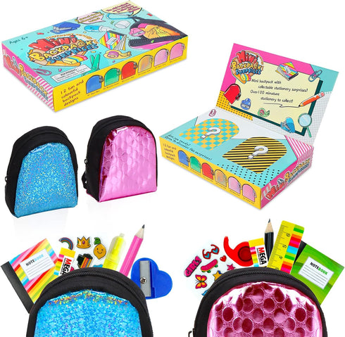 Euclidean Cube 2 Pieces Mini Doll Backpack Toys with 12 Stationery Surprises Inside, Collectible Mini Backpack for Doll with Carabiner, Doll Schoo...