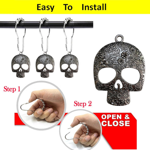Set of 12 Sugar Skull Shower Curtain Hooks Decorative Home Bathroom Stainless Steel Rustproof Skeletons Shower Curtain Rings Decor Accessories (Bl...