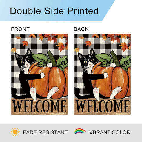 Welcome Fall Cat Garden Flag Tuxedo Cat Pumpkins Maple Leaves Flag 12×18 Inch Double Sided Buffalo Plaid Farmhouse Yard Flag Thanksgiving Holiday ...