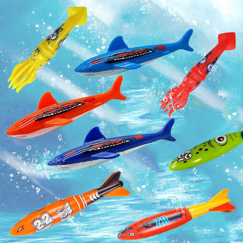 Diving Torpedo Pool Toys: Underwater Sinking Sharks, Squids, and Torpedoes - Kids' Outdoor and Indoor Swimming Activity Toy Set...