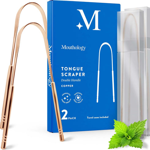 Copper Tongue Scraper Dual Handle (2 Pack with case), Reduce Bad Breath (Medical Grade), Stainless Steel Tongue Cleaners, Metal Tounge Scrappers, ...