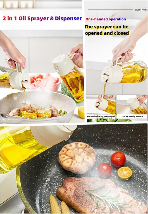 2 in 1 Oil Sprayer and Dispenser for Cooking - 16oz Glass Bottle with Nozzle - Versatile Kitchen Tool for Butter with Brush, Olive Oil Spray, Vine...