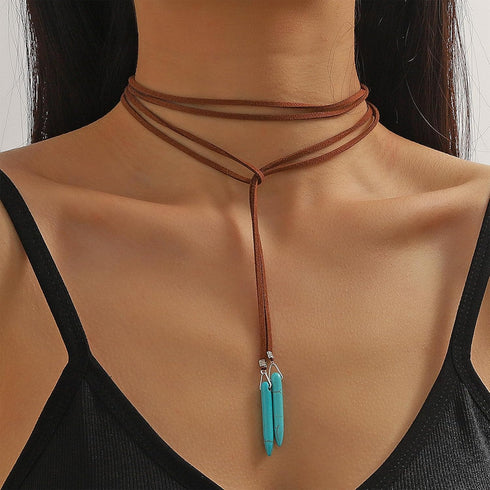 MJartoria Native American Bohemian Feather Charm Handmade PU Leather Choker Necklace Turquoise Necklace...