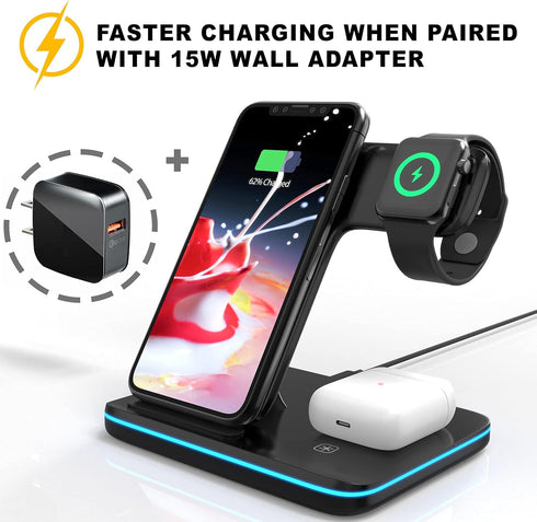 Omni Dock QI Wireless Charging Station, Black, 15W Fast Charger Docking Stand, Compatible with Apple Watch, AirPods, iPhone, Samsung, 3 in 1, Mult...