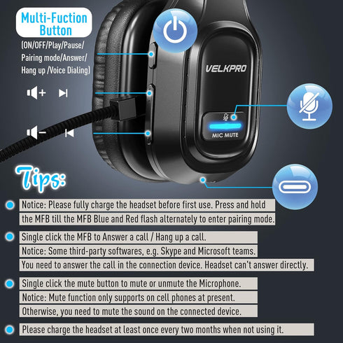 Wireless Headset with Microphone - Single-Ear Headphone, Adjustable Headband, Noise Isolation Mic - Communication for Truck Drivers, Home Office, ...