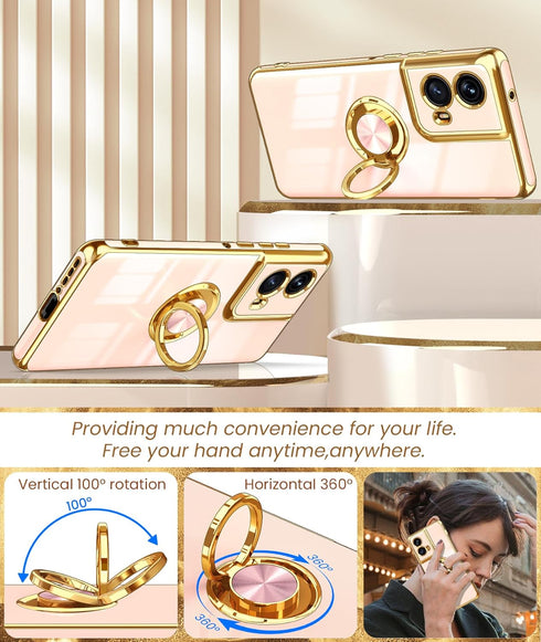 Dretal for Motorola Moto Edge 5G 2024 Case, 360° Rotatable Ring Holder Magnetic Kickstand,Plated Gold Edge Slim Soft TPU Protective Cover for Moto...