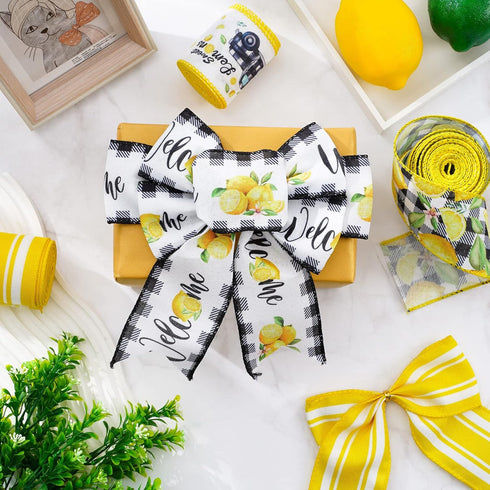 Lemon Wired Edge Ribbon 24 Yards Summer Yellow Lemons Truck Craft Ribbon Buffalo Plaids Farmhouse Fabric Ribbon for Wreath Bow Making DIY Crafts W...