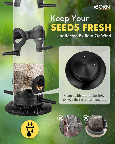 iBorn Metal Bird Feeders Black Wild Bird Feeder for Outdoors Hanging All Metal Black Finishing 14 Inch 6 Port(Seed is not Included)...