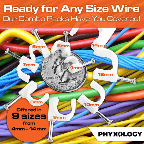 Pro-Grade, Cable Clips with Steel Nails 5mm, 7mm, 9mm Wire Holders and Tacks 100 Per Size. Durable, Easy Install, UV Resistant Plastic Clips to Or...