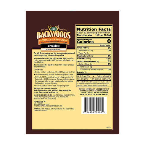 LEM Products Backwoods Reduced Sodium Breakfast Fresh Sausage Seasoning, Ideal for Wild Game and Domestic Meat, Seasons Up to 5 Pounds of Meat, 1....