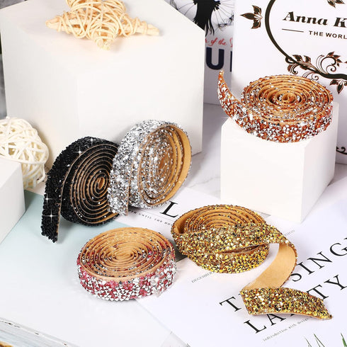 Xinnun 5 Rolls Crystal Shiny Rhinestone Ribbon Self-Adhesive Rhinestone Strips Ribbon Resin Diamond Bling for Art Craft DIY Party(Basic Style,Mixe...