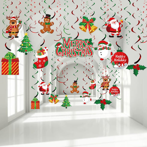 30 Pcs Christmas Swirl Ceiling Hanging Decorations Set Xmas Holiday Snowman Elk Sign Hanging Foil Indoor Decorations for Ceiling Xmas Holiday Part...