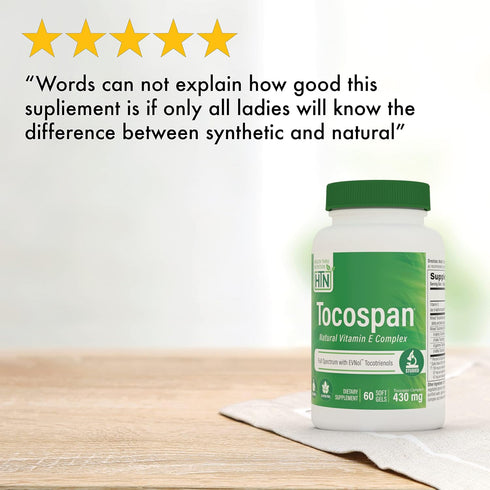 Health Thru Nutrition Tocospan Full Spectrum Vitamin-E 430 mg with EVNol Tocotrienols | All 8 Natural Vitamin E Sources | Clinically Studied | Car...
