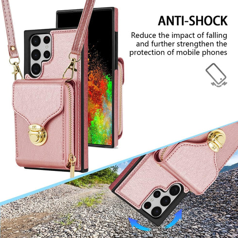 Compatible with Samsung Galaxy S22 Ultra 5G Wallet Case Crossbody Strap Leather Zipper Credit Card Holder Clasp Stand Cell Accessories Phone Cover...