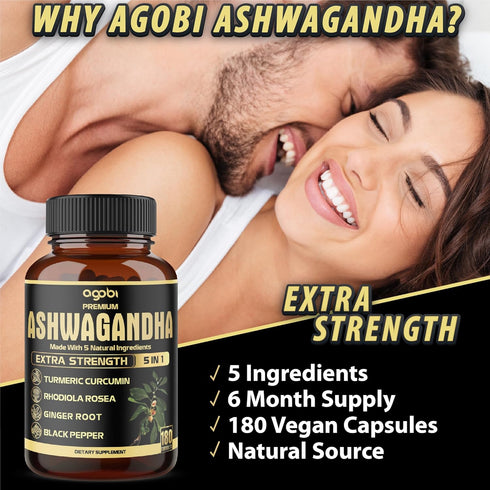 5in1 Premium Ashwagandha Capsules - Added Turmeric, Rhodiola Rosea, Ginger, Black Pepper - Strength, Spirit & Immune Support - 180 Caps for 6 Mont...